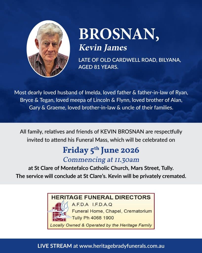 Obituary banner with a portrait of kevin james brosnan on the left and his name in large white letters on a blue background. (a memorial notice with age and funeral details shown to the right. )