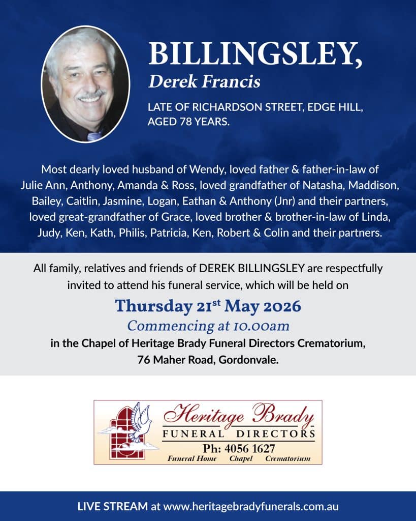 Memorial poster with a headshot and obituary text for derek francis billingsley on a blue background.