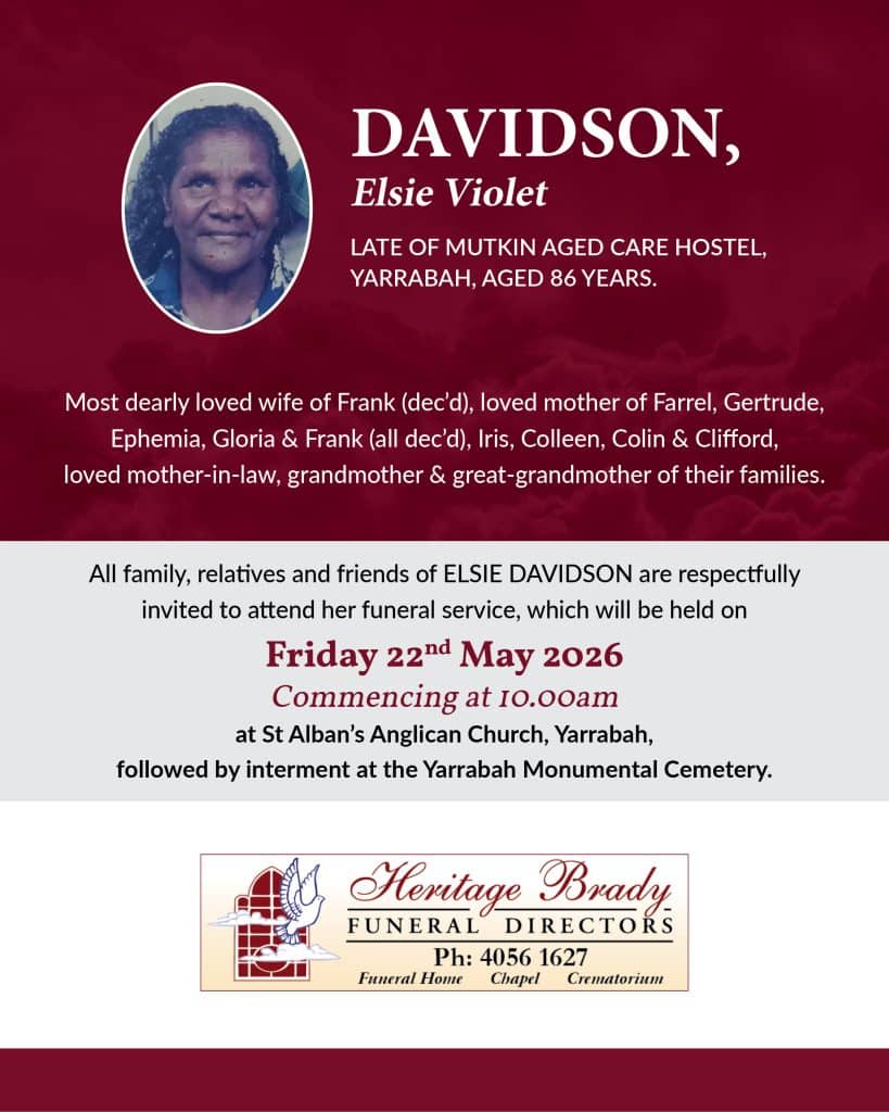 Memorial funeral program for elsie violet davidson with her photo and obituary details on a burgundy background.