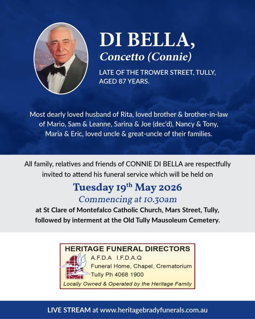 Funeral notice image: portrait of an elderly man in a tuxedo beside memorial text about concetto (connie) di bella, aged 87, from tully.