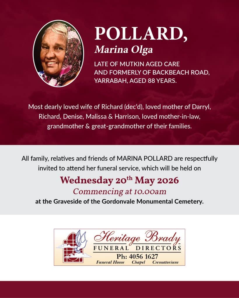 Funeral notice for marina olga pollard with her portrait on a burgundy background.