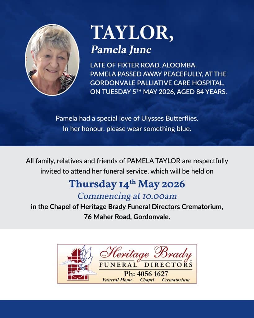 Funeral announcement for pamela june taylor on a blue background, with her portrait on the left and white text on the right.