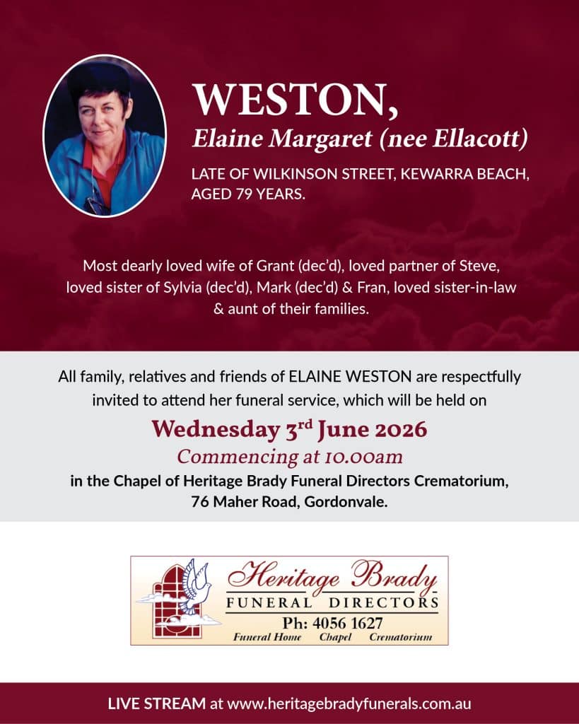 Funeral memorial graphic for elaine weston featuring a portrait on the left and white serif text on a maroon backdrop.