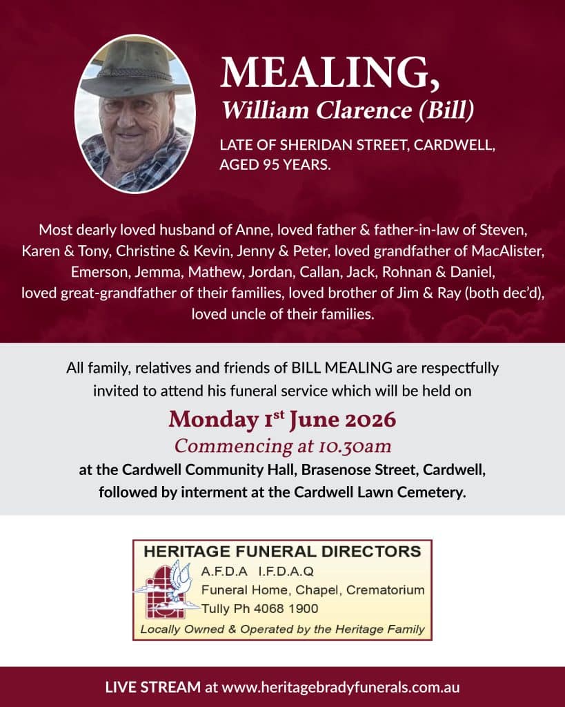 Obituary banner for william clarence 'bill' mealing with his portrait and funeral details (aged 95).