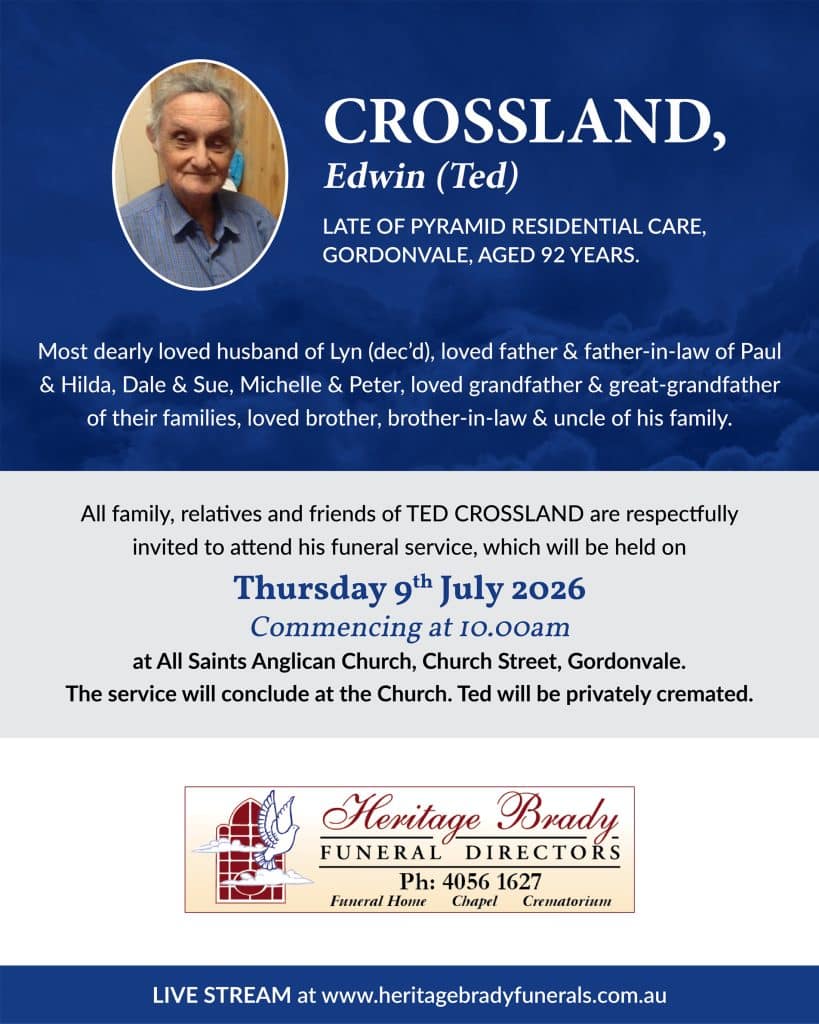 Funeral announcement banner with an oval portrait of an elderly man on blue background and the name edwin (ted) crossland with memorial text on the right side.