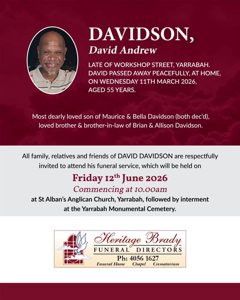 Memorial poster on maroon background announcing the death of david andrew davidson, with a photo on the left and funeral details on the right.