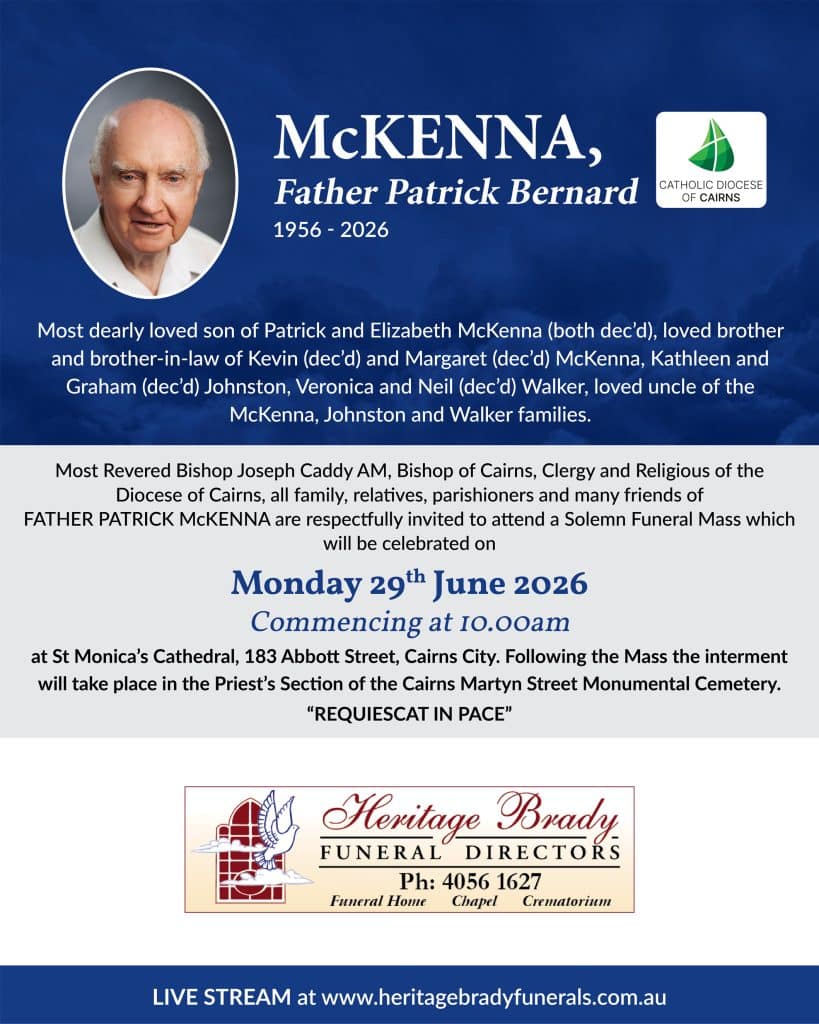 Memorial banner for father patrick bernard mckenna (1956–2026), with his portrait and the catholic diocese of cairns logo.