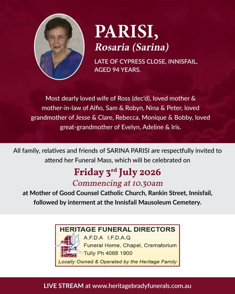 Funeral announcement for rosaria parisi (sarina), aged 94, with her portrait on a maroon background; mentions innisfail and family obituary details.