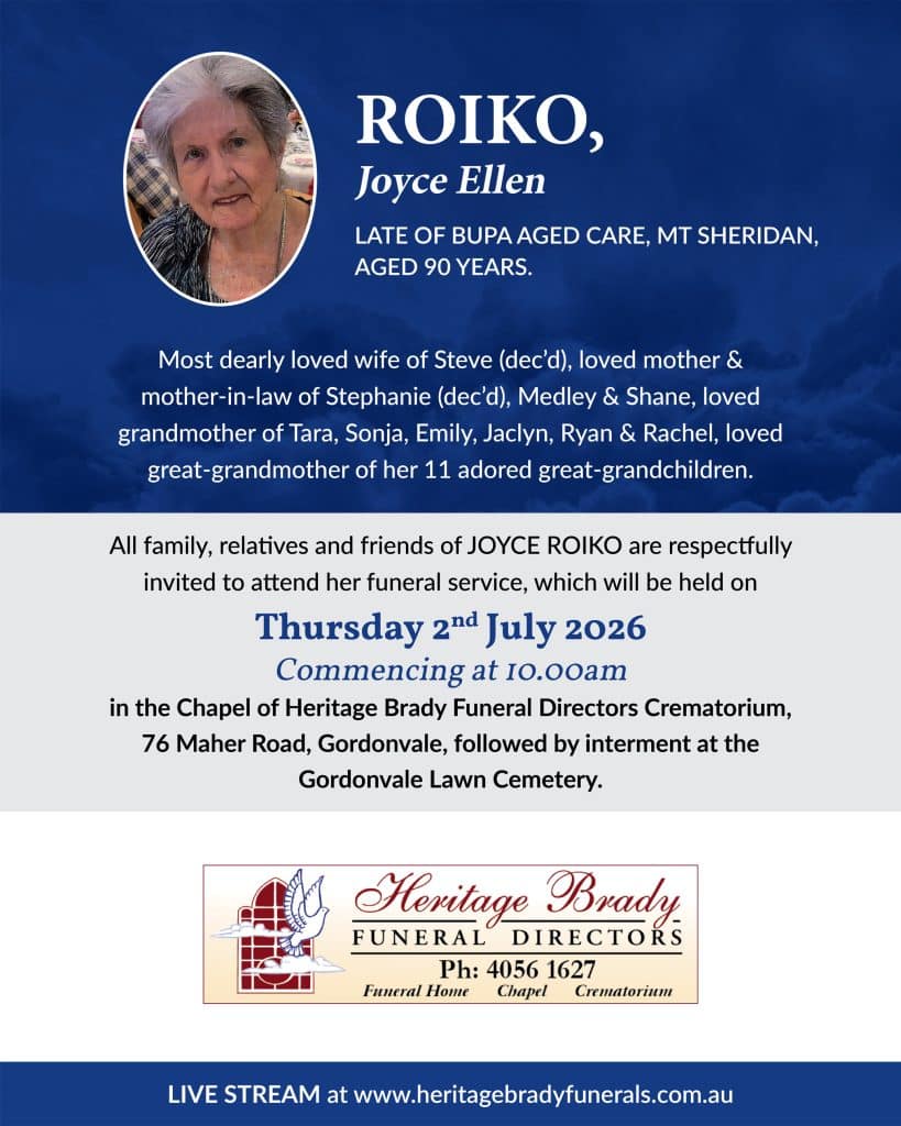 Blue funeral notice featuring an oval portrait of joyce ellen roiko and text announcing her death and funeral details, aged 90.