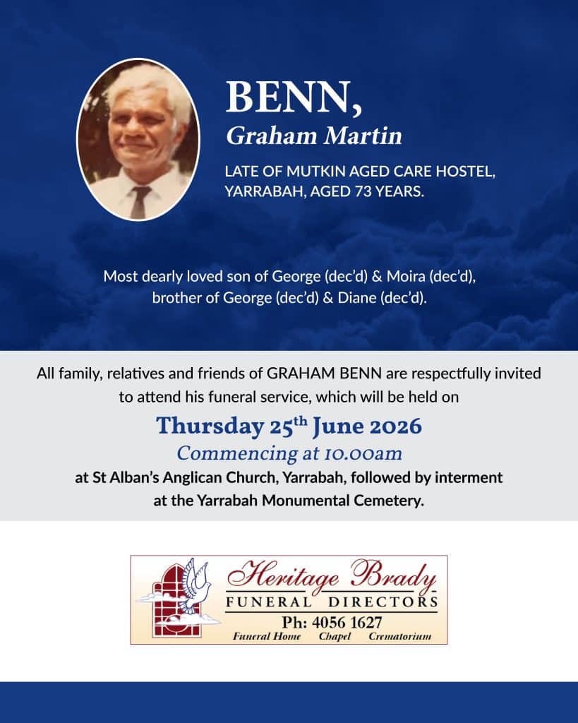 Blue funeral announcement with an oval portrait of graham martin benn on the left and white memorial text announcing his death and funeral details on the right, set against a cloudy sky background.
