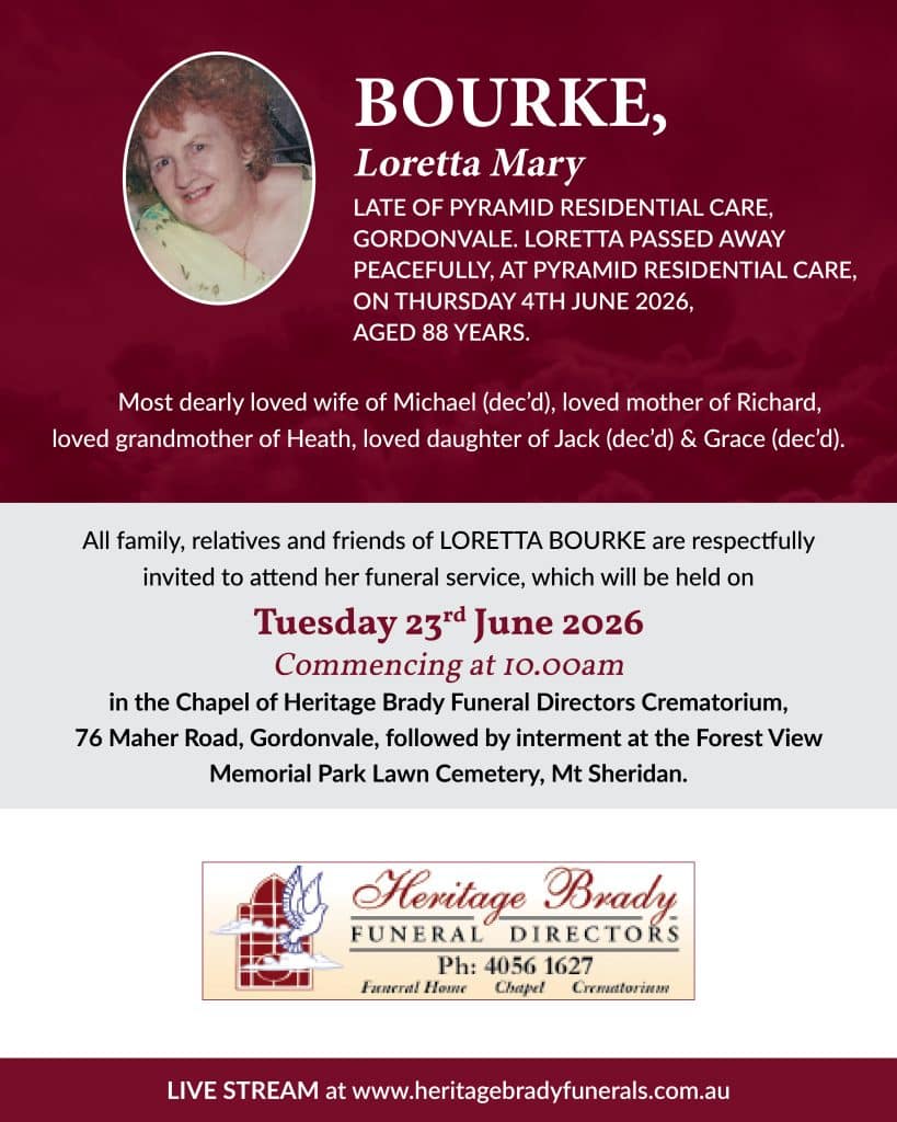 Memorial banner with a photo of loretta bourke on the left and obituary text on a maroon background.