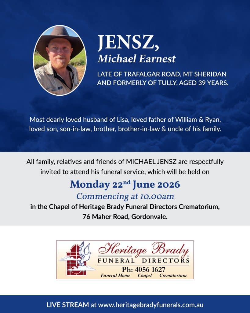 Blue memorial banner with a circular portrait of michael earnest jensz on the left and his name in white typography with funeral details on the right.