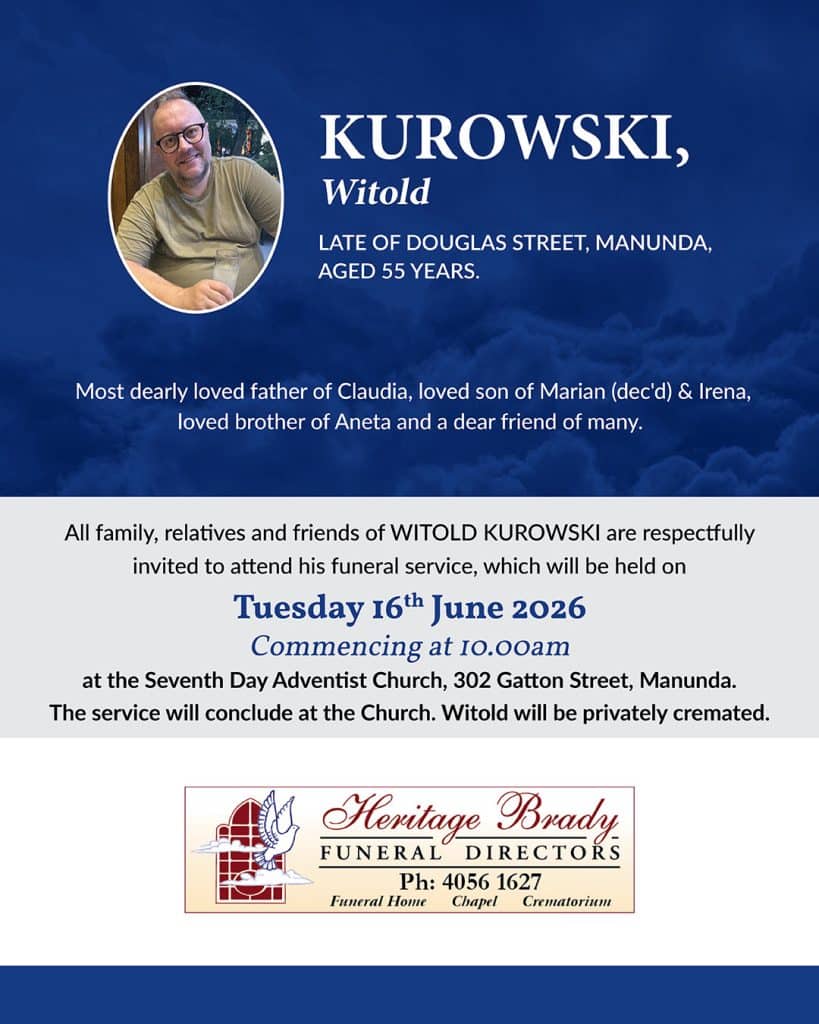 Memorial flyer for witold kurowski, showing his photo, name, age 55, and funeral details for tuesday 16 june 2026.