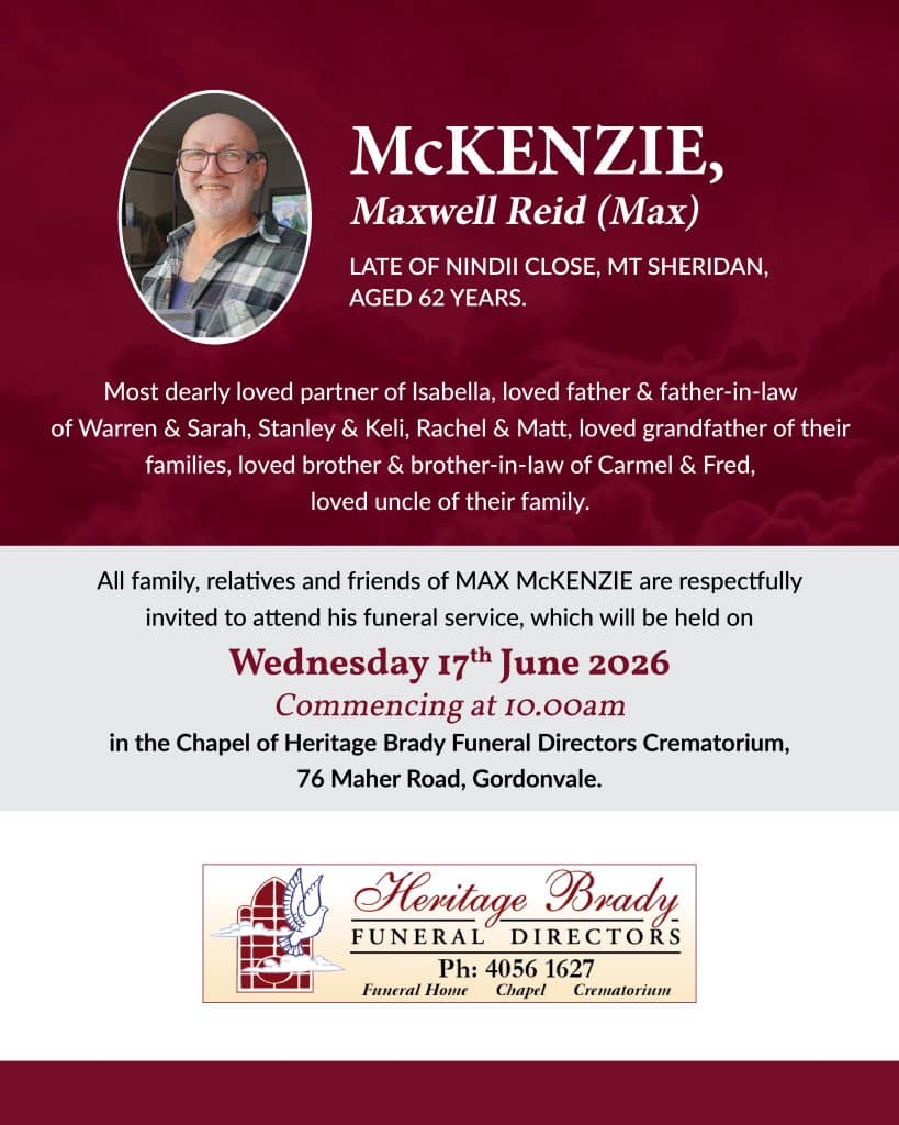 Memorial funeral banner for maxwell reid mckenzie (max), aged 62, with his oval photo and service details on a burgundy background.