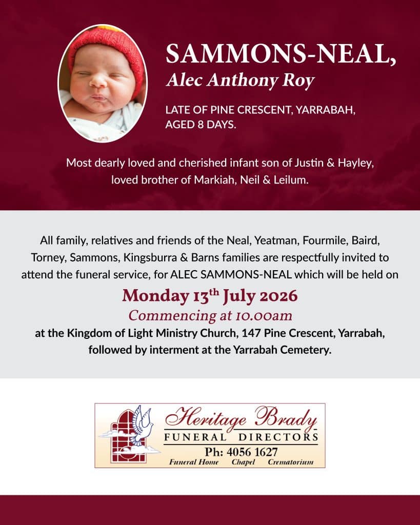 Memorial funeral announcement for alec anthony roy sammons-neal, eight days old, with baby photo on the left.