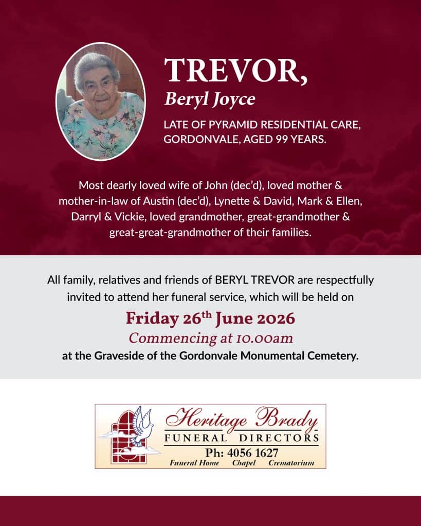 Funeral notice flyer with portrait of an elderly woman in an oval frame on the left and memorial text on a maroon background.