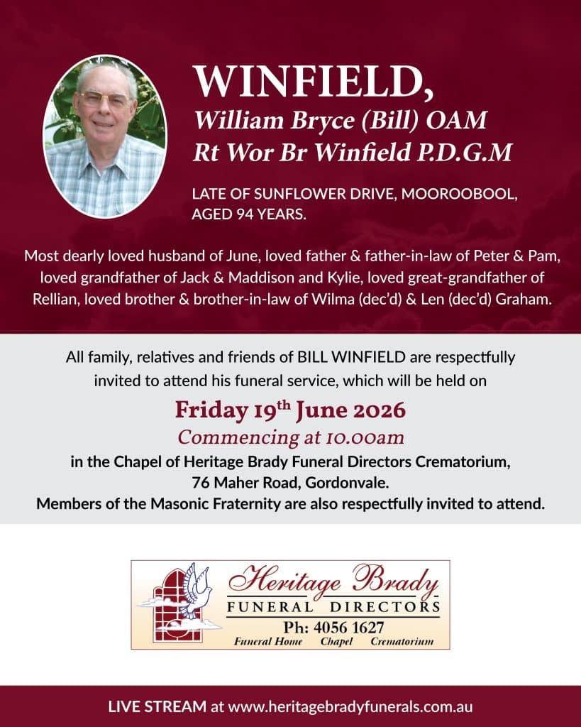 Funeral announcement banner with a circular photo of an elderly man and obituary details on a maroon background