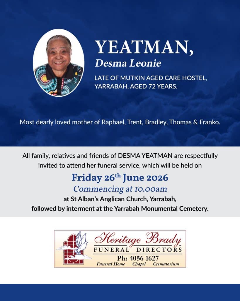 Obituary poster for desma leonie yeatman with her portrait on the left and funeral details on a blue cloudy background.