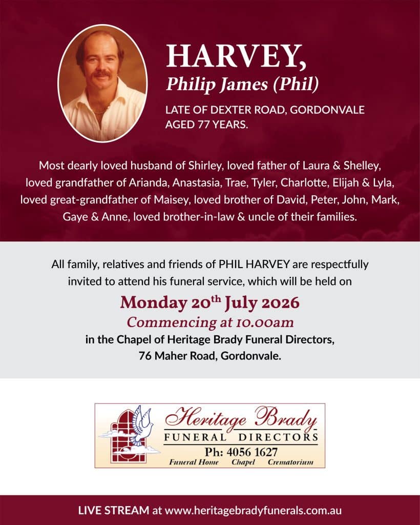 Funeral notice poster for harvey, philip james (phil) with his oval portrait and service details on a maroon background for a memorial.