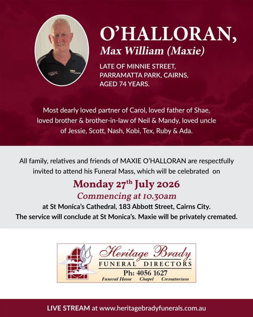 Memorial banner for max william (maxie) o’halloran with his oval portrait on the left and funeral details on a maroon background.