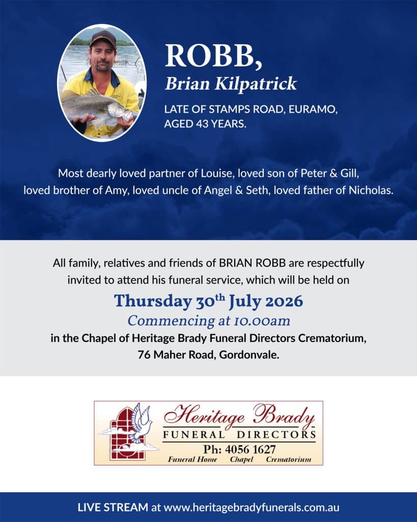 Funeral tribute poster for robb (brian kilpatrick), with his photo and details about his death and service date on a blue background.