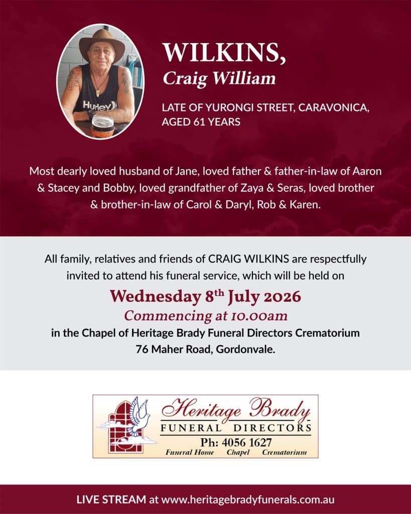 Portrait of craig william wilkins in a brown hat on a maroon funeral program header.