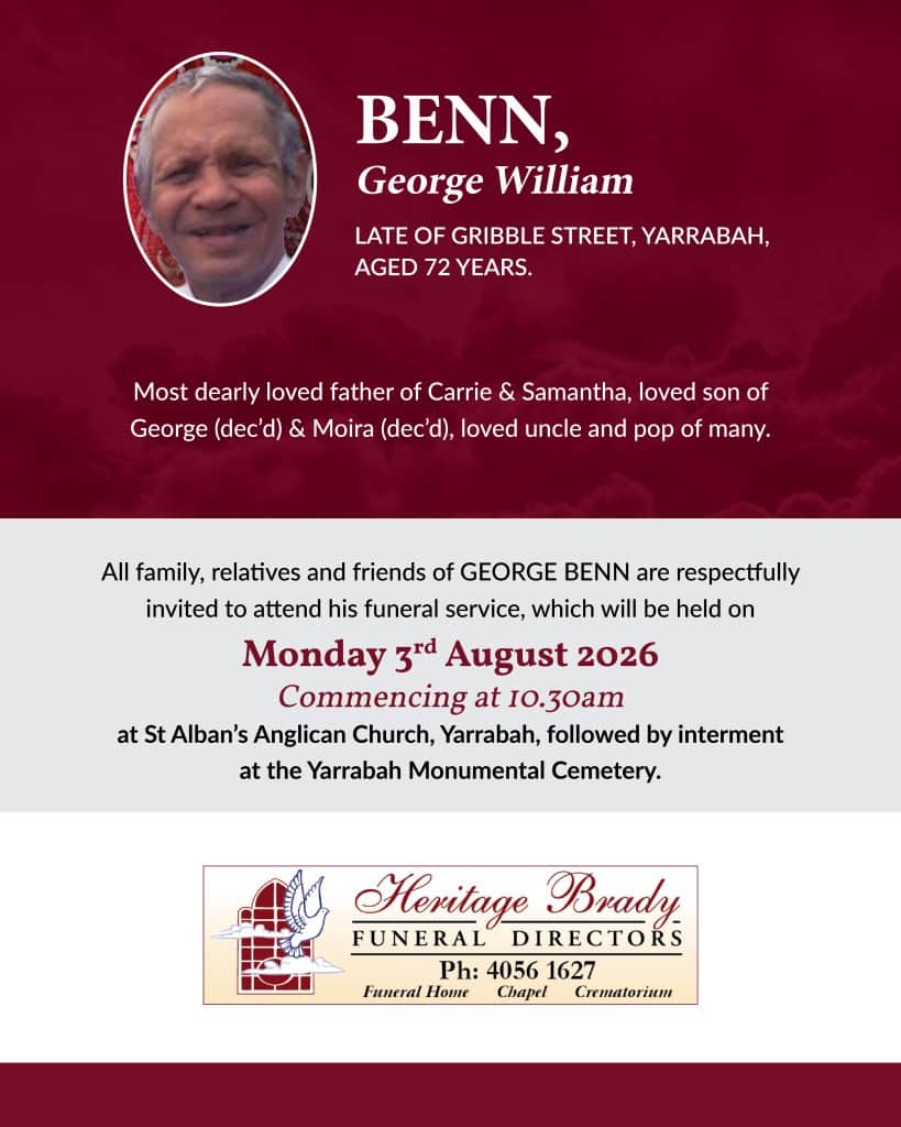 Funeral notice banner for george william benn with his oval portrait on the left and the service details on a maroon background.