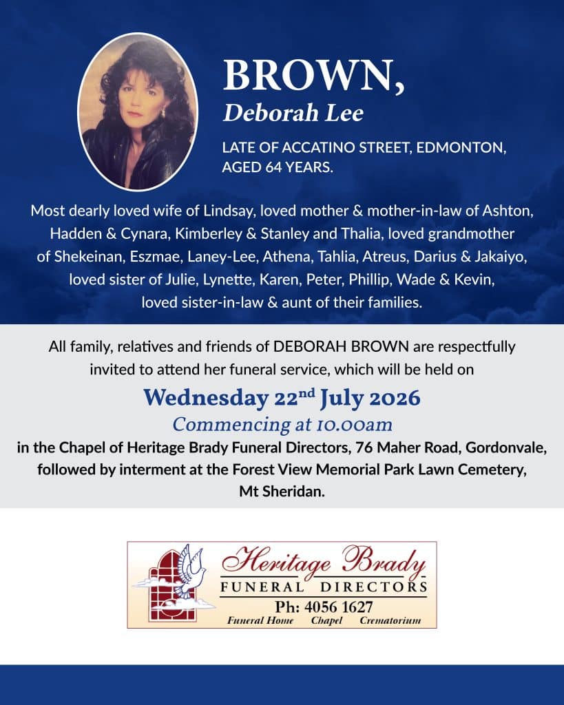 Funeral notice featuring a portrait of deborah lee brown on the left with obituary text on a blue background with clouds? (informative)