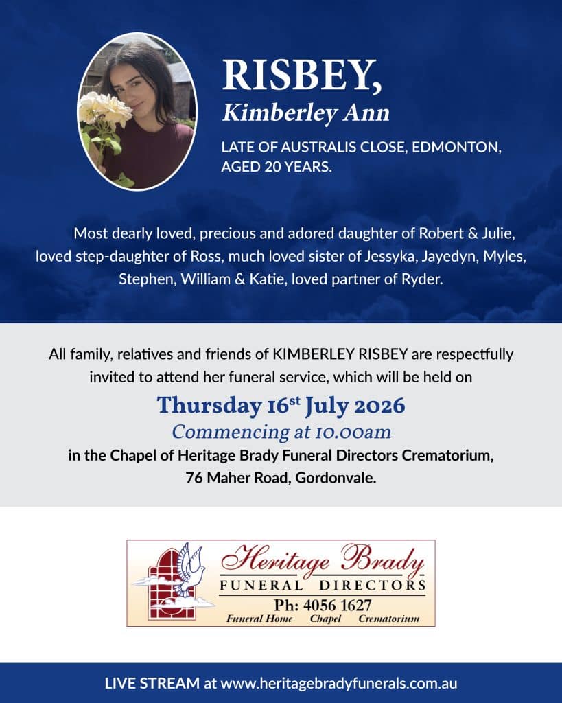 Memorial poster featuring a photo of kimberley ann risbey in an oval frame on a blue background with her name and funeral details nearby.