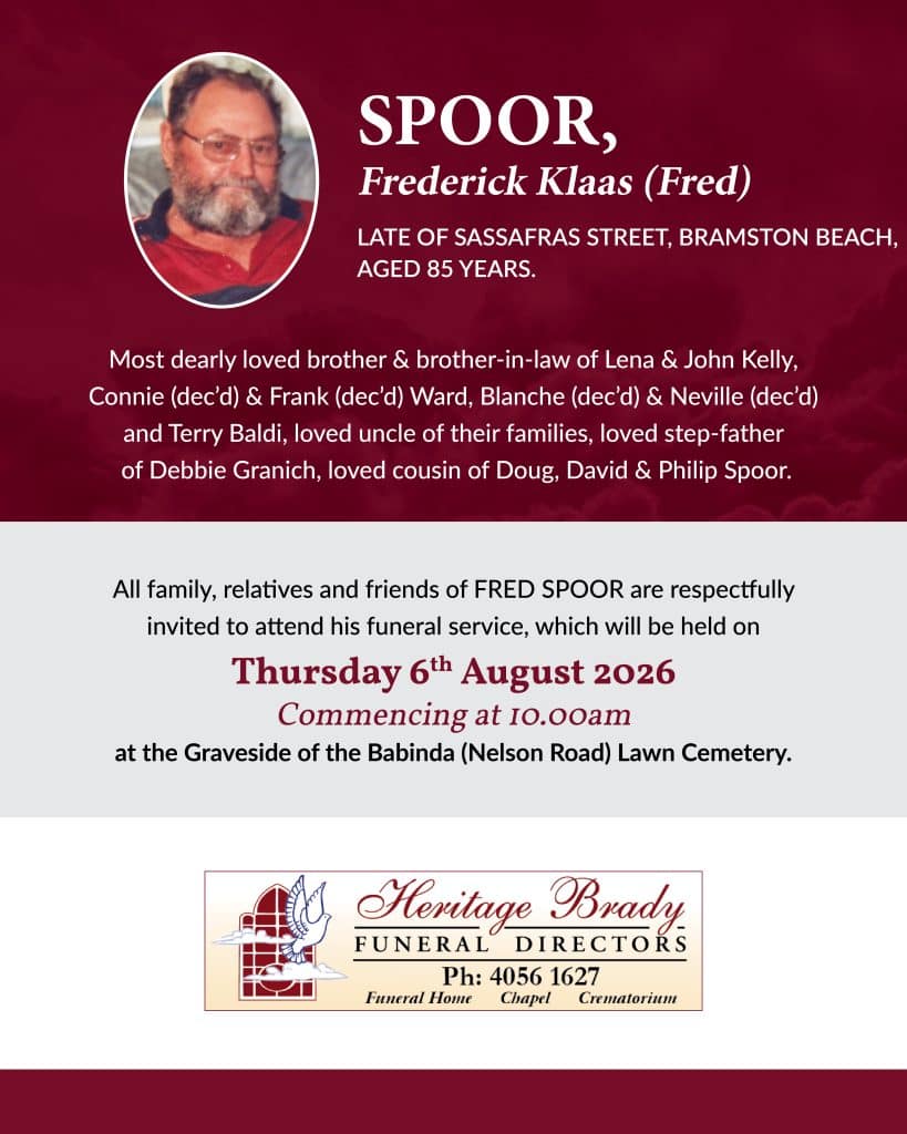 Obituary poster for frederick klaas (fred) spoor with his photo and funeral details in maroon background.