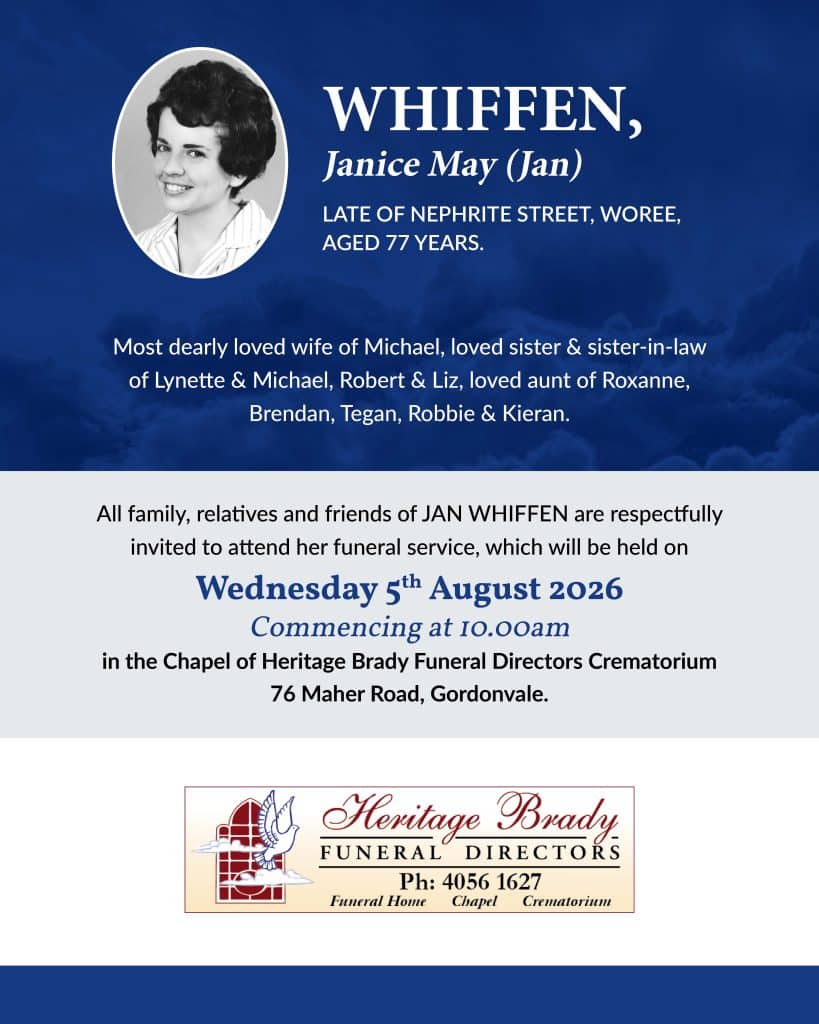 Blue memorial banner with a black-and-white oval portrait of janice may whiffen and funeral details on the right.