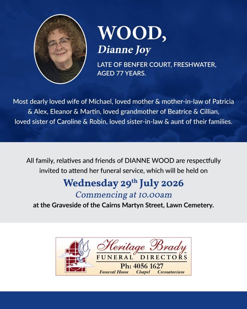 Funeral notice for dianne joy, featuring her photo on a blue background with service details.