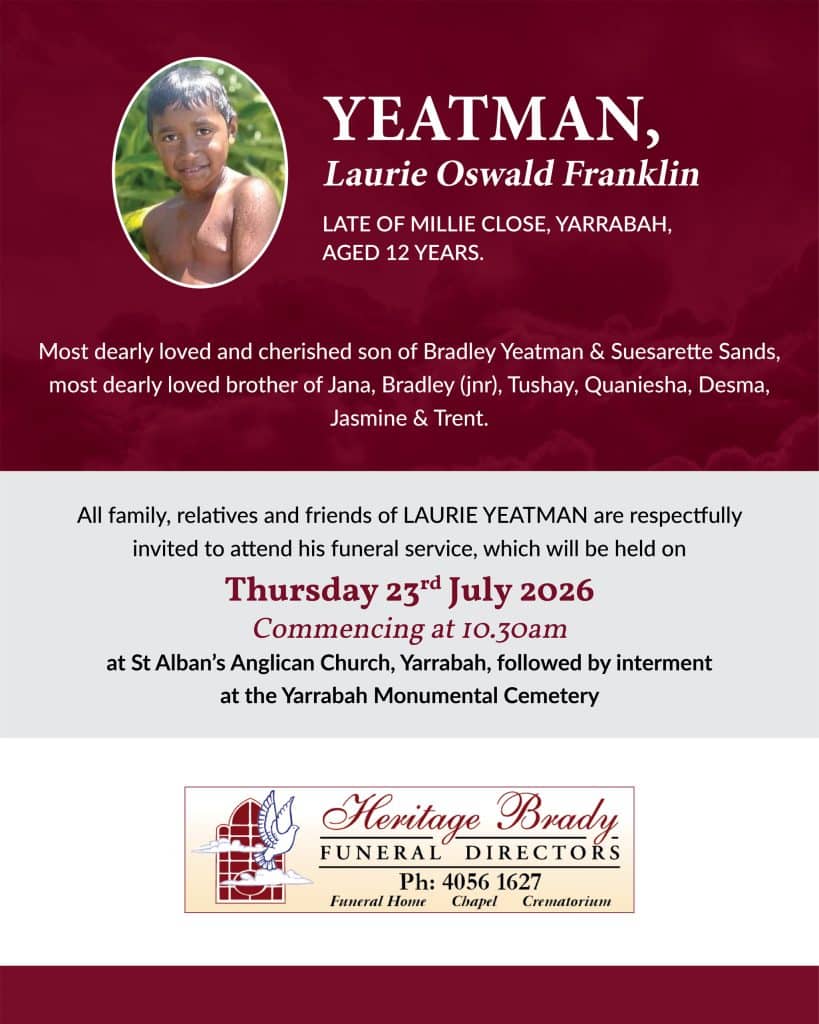 Funeral program flyer for yeatman, laurie oswald franklin, aged 12, with a bordered photo of a smiling boy on the left.