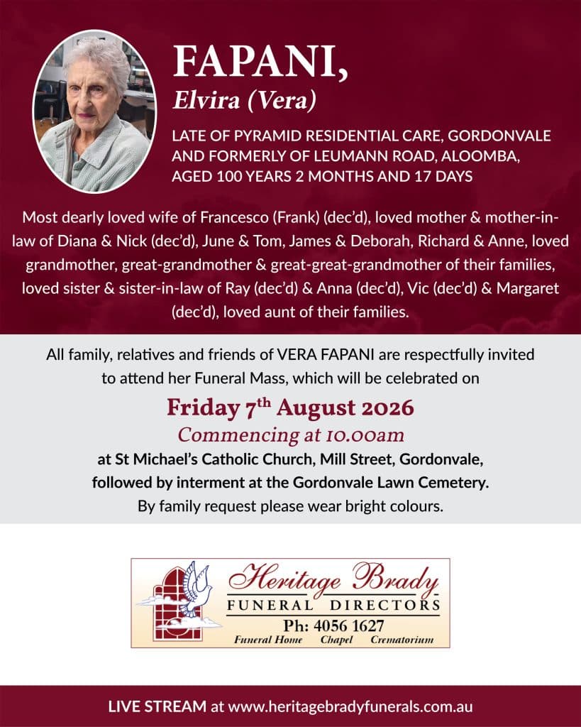 Funeral memorial image for elvira (vera) fapani, with a photo in an oval frame on a maroon background and obituary text beside it.