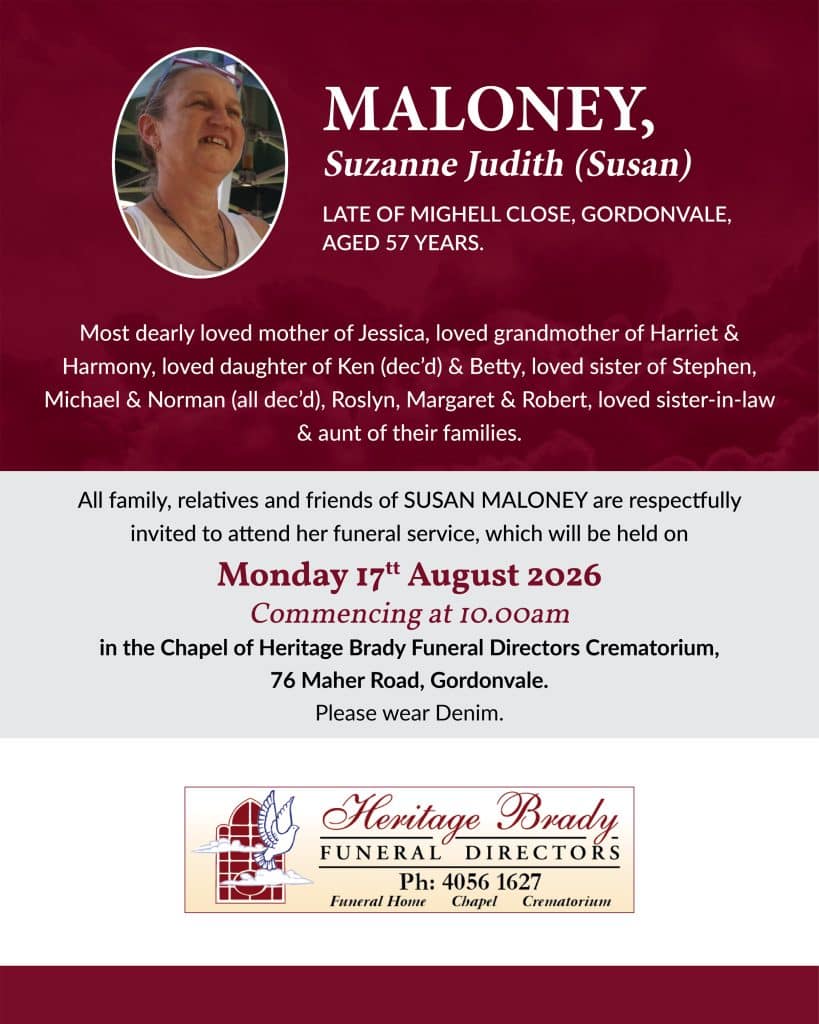 Obituary banner featuring a portrait of suzanne judith maloney (susan) with funeral details on a burgundy background.