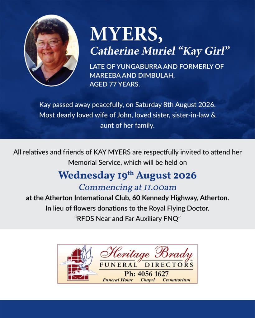 Memorial card for kay myers with her portrait and funeral details on a blue background.