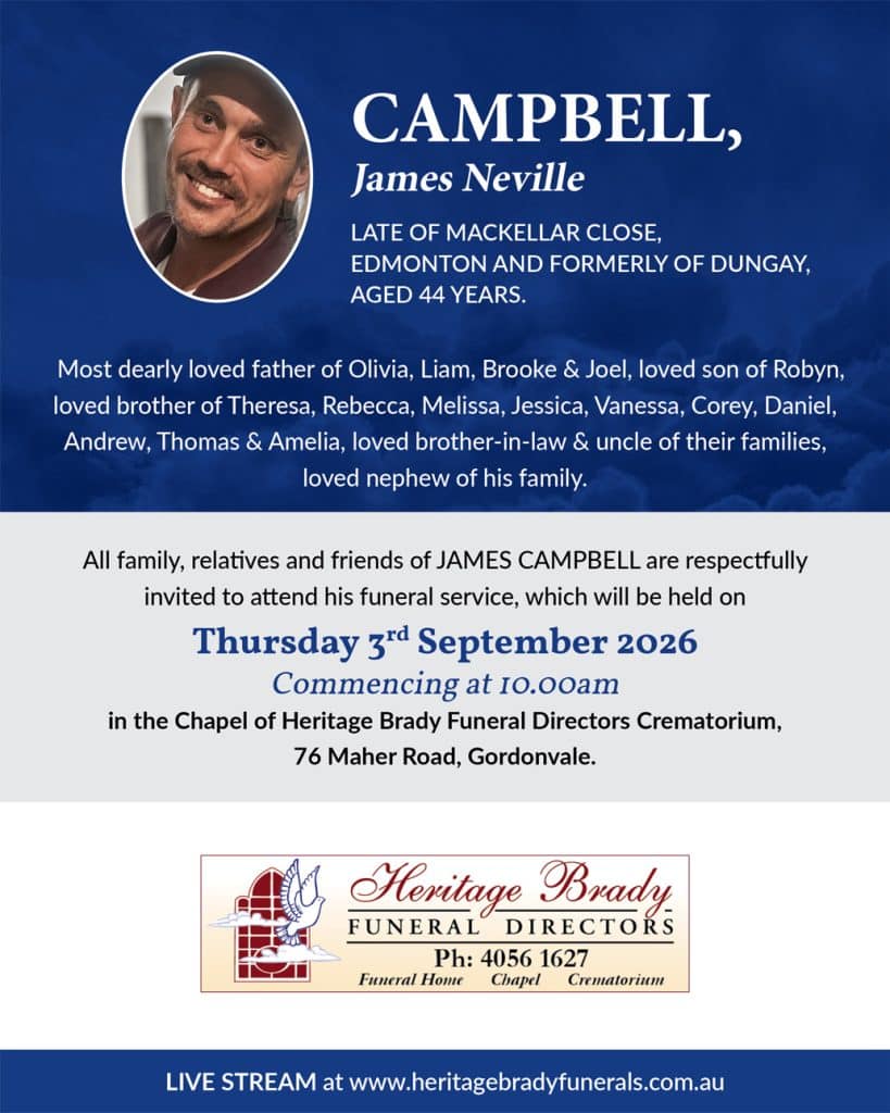 Portrait of james neville campbell on a blue memorial banner with obituary text and funeral details.