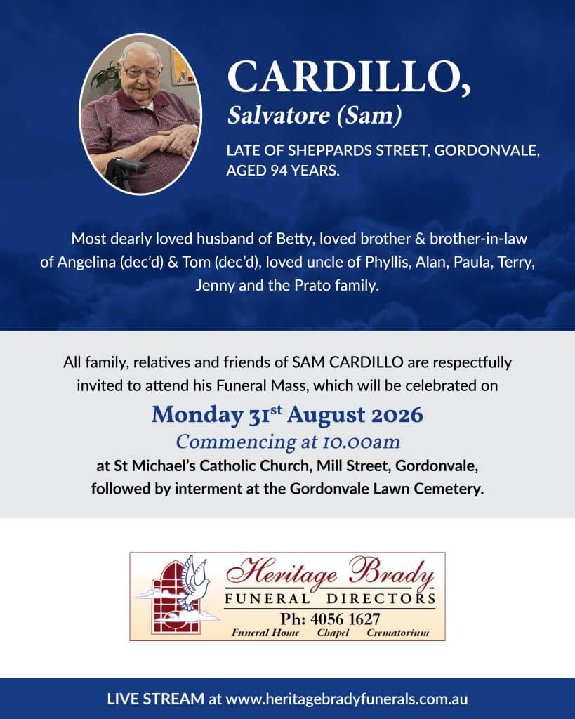 Portrait of salvatore 'sam' cardillo in an oval frame next to the name and funeral details against a blue background.