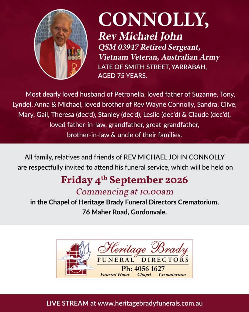 Memorial funeral poster for rev michael john connolly, showing a photo of an elderly man in a red vestments with medals, and text announcing his death and funeral details (date, time, venue).