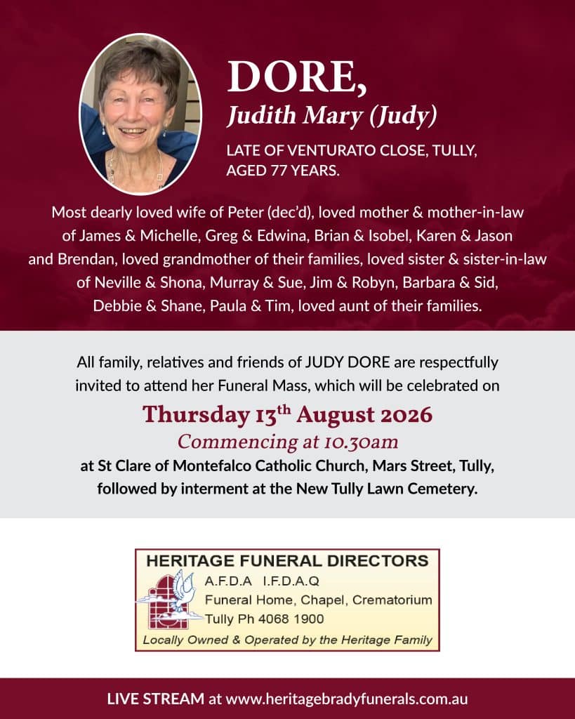Funeral memorial banner featuring a headshot of judith dore and an obituary headline with service details on a maroon background.