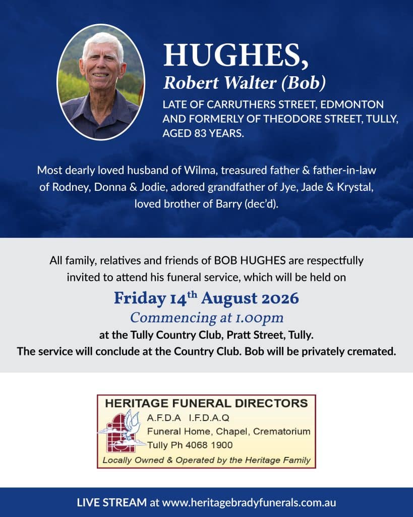 Obituary banner with a portrait of an elderly man and blue background, announcing hughes, robert walter (bob) and funeral details.