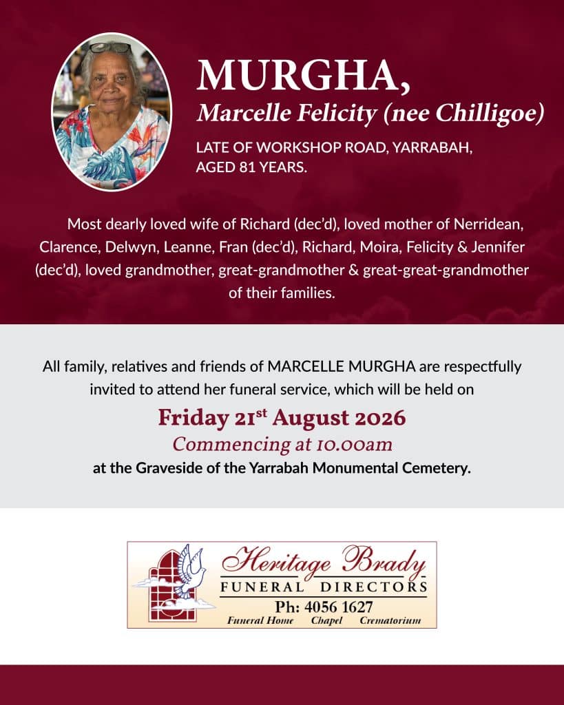 Funeral program banner featuring an oval photo of an elderly woman on the left and the name murgha, marcelle felicity (nee chilligoe) with service details on a maroon background.