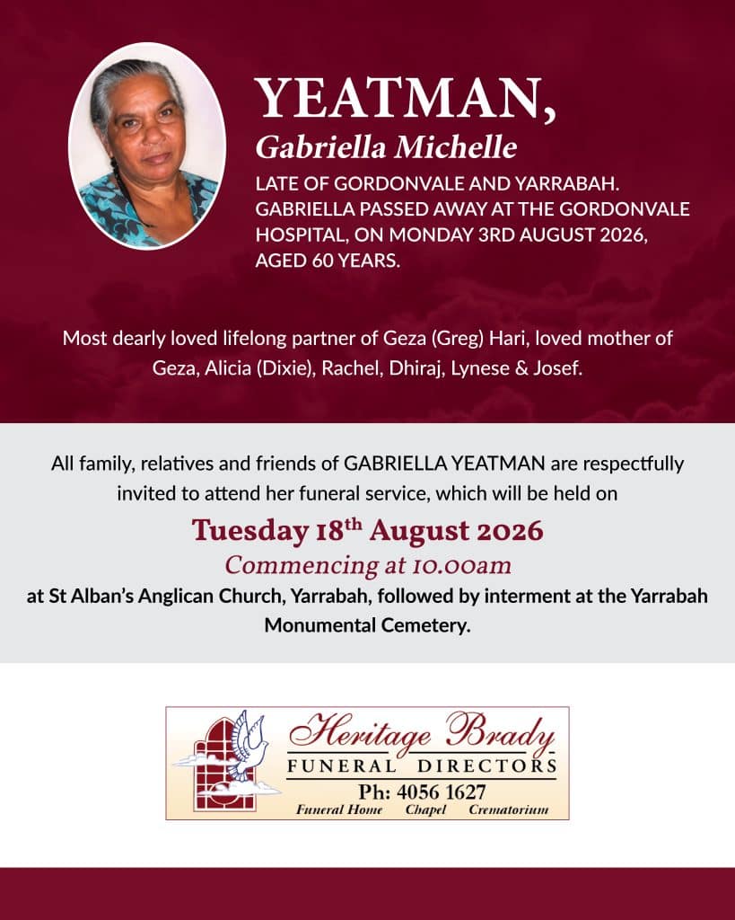 Memorial banner with an oval portrait on the left and obituary text announcing gabriella michelle yeatman’s passing, on a maroon background.