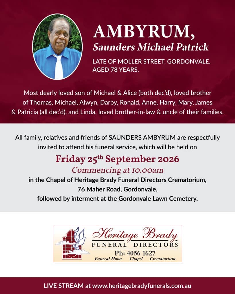 Obituary flyer with a circular photo of an elderly man in a blue shirt and white tie, maroon background and funeral details text to the right.