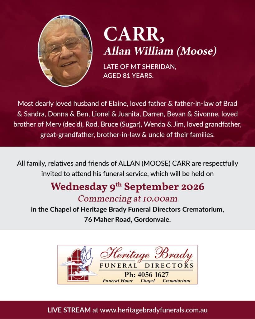 Memorial banner with a headshot of allan william (moose) carr and text announcing his death, aged 81, late of mt sheridan on a burgundy background overlaid with tribute lines.