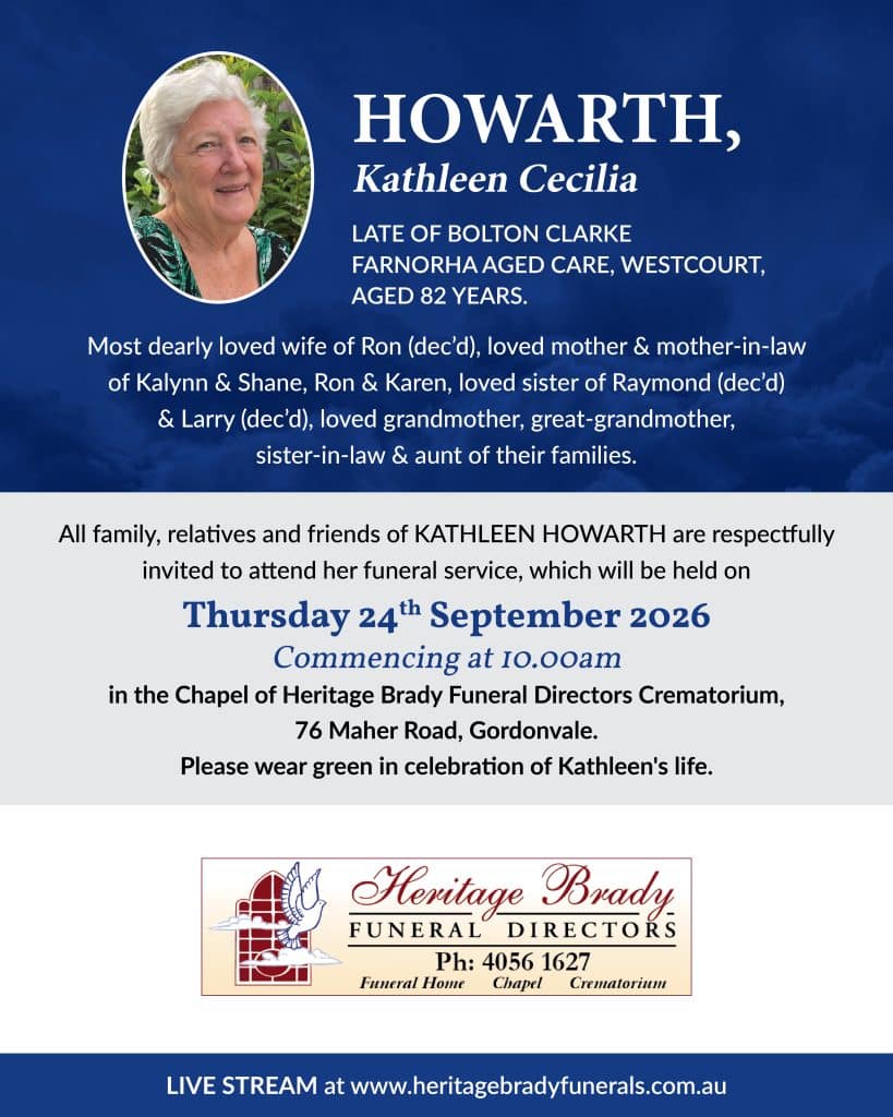 Memorial banner featuring an oval portrait of kathleen cecilia howard on a blue background with her obituary text and funeral details.