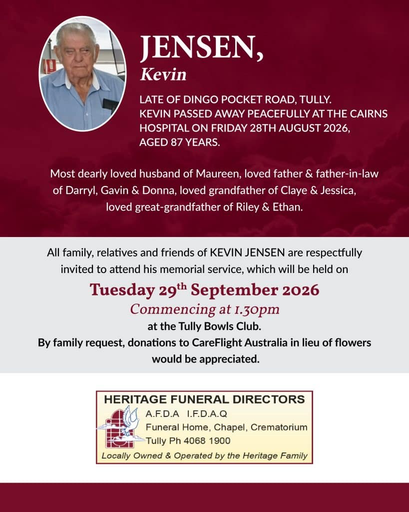 Memorial flyer with an oval portrait of kevin jensen on the left, maroon background, and obituary text announcing his death.