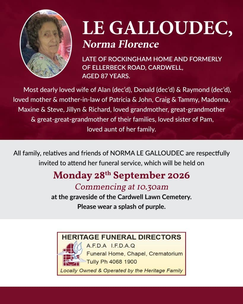 Memorial funeral notice with an oval portrait of an elderly woman on the left and white text on a maroon background announcing norma florence le galloudec's passing.
