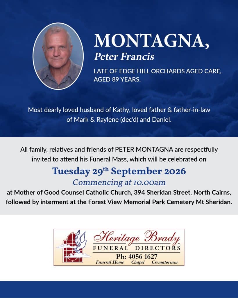 Memorial banner with oval portrait of an elderly man on the left and the name montagna, peter francis, on a blue background.