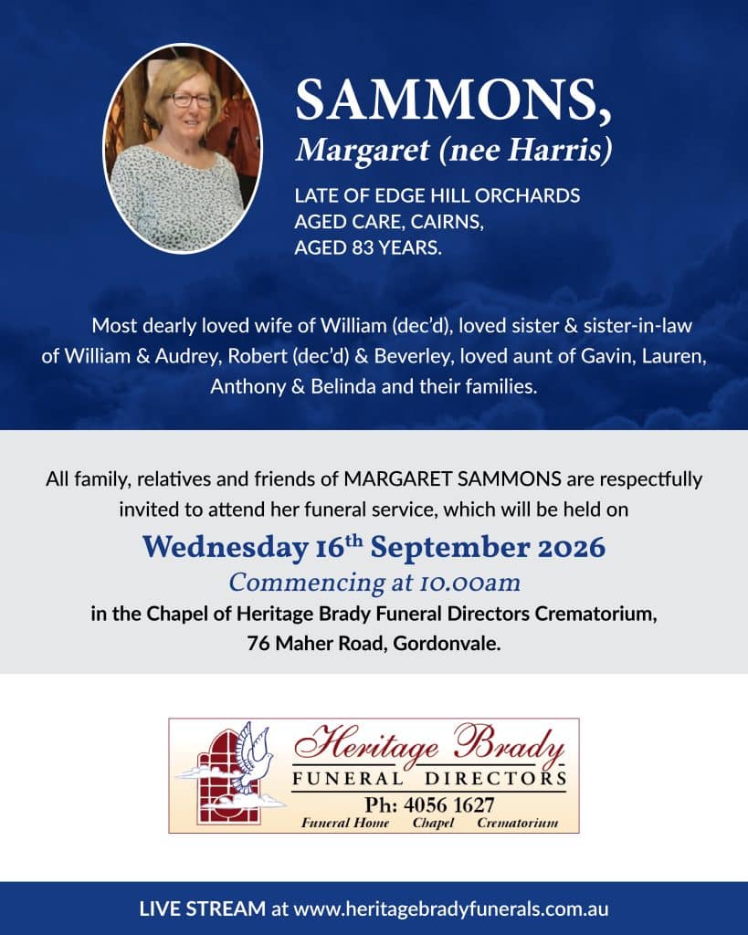 Obituary banner featuring margaret sammons with her photo and memorial text over a blue background.